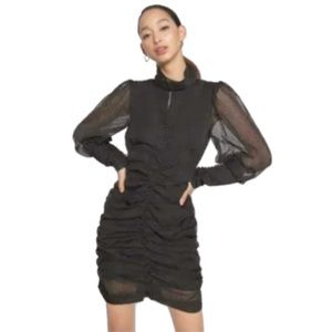 NWT House of Harlow 1960 Black Long Chiffon Sleeve High Neck Ruched Mini Dress